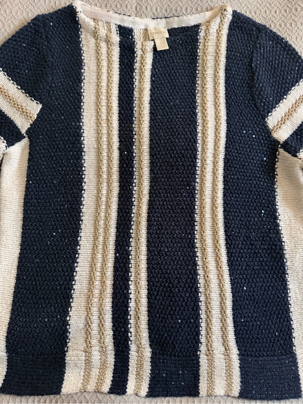 Chico's Navy, Cream & Gold Striped Short-Sleeve Knit Sweater size 2